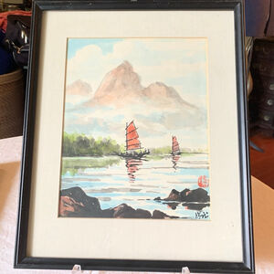 Vintage East Asian Painting Blue Green Mountain Lake with Red Junks